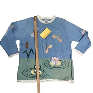 Stitches by Time Womens 1X Blue Dragonfly Lily Pad Embroidered Knit Sweater